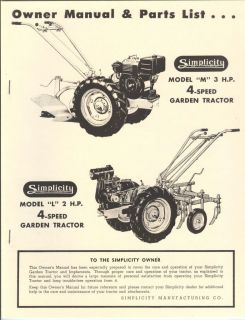 Simplicity Model M & L 4 Speed Garden Tractor Owner Manual & Parts