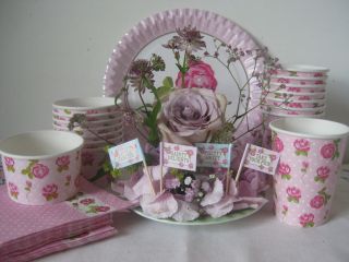 ROSE PINK PARTY TABLEWARE NAPKIN CUP CUPCAKE FLAG PLATE AFTERNOON TEA