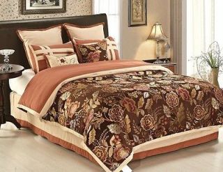 8pcs Chocolate Embroidered Peony Floral Comforter Set Bed in bag Queen