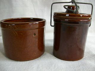 vintage STONEWARE CHEESE BUTTER CROCKS BROWN Wire Bale & Lid