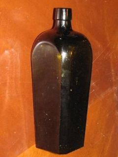 ANTIQUE 1800s CASE GIN BOTTLE BLACK GLASS APPLIED SIGNED OLIVE 10.5