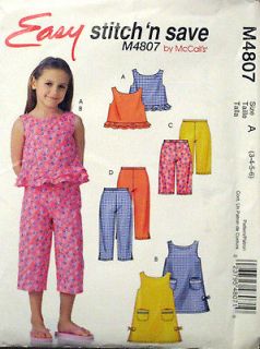 McCalls S&S Childrens Girls Summer Top Dress Pants Pattern 4807 UC 3 6