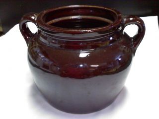 brown glazed bean pot / crock with handles no lid USA