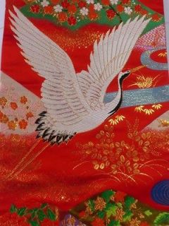 Japanese Kimono UCHIKAKE FABRIC Red Crane Mountain Scenery s3
