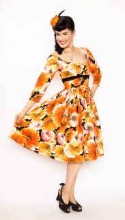 BERNIE DEXTER Cotton Swing Dress GRACE Orange POPPY Floral Mid Sleeve