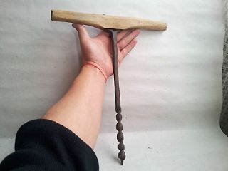 PRIMITIVE AUGER OLD ANTIQUE WOOD WOODWORKING FARM LOG CABIN DRILL TOOL
