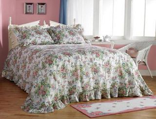Pink Rose Ribbon Plisse Flower Floral Bedspread Bed Cover Set