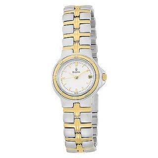 BULOVA WOMENS $250 TWO TONE WHITE DIAL GOLD TONE HANDS DATE WATCH