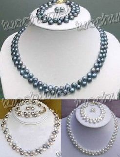 8MM AAA+ White Black Real Akoya Pearl Necklace Bracelet Earring Set