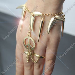 Fab Gold Peace Spike Bracelet Bangle Slave Chain Hand Harness Double