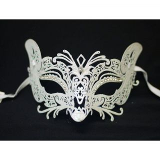 Venetian White Mask w/ Metal Fox Laser cut &Rhinestone Halloween