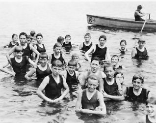1919 photo Boy Scouts in water at Camp Ranachqua graphic. Vintage