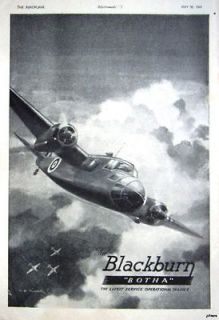Vintage 1941 Blackburn BOTHA WW2 Trainer Airplane Advert   Artwork