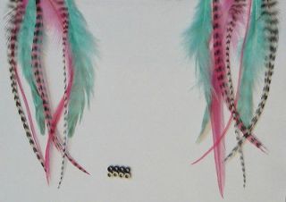 12 REAL GRIZZLY FEATHERS HAIR EXTENSIONS 6  HOT PINK AQUA BLACK WHITE