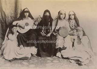 Young Arab women singers with tambourine lute antique albumen photo