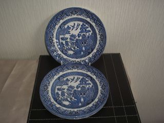 BLUE AND WHITE WILLOW PATTERN SIDE PLATES SET 3 OF ROYAL WESSEX BLUE