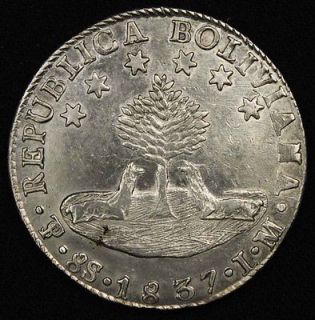 1837 Bolivia Potosi PTS LM Silver 8 Soles Crown Coin AU+ KM 97 Almost