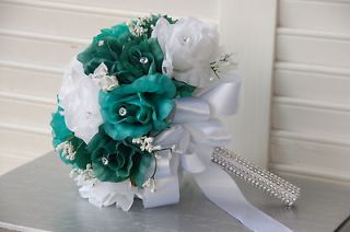 2pc:Teal,Aqua Green Wedding,WoWs renewal bouquet,bouton niere.Silver