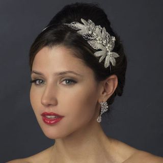 Diamante Crystal and Pearl Leaf Side Accent Wedding Bridal Headband