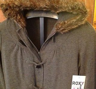 ROXY Womens Hooded Size Small Jacket Faux Fur Trim on Hood Dark Gray