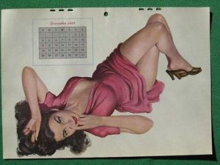 PINUP GIRL ESQUIRE CALENDAR ART DECEMBER 1949 BRUNETTE BEAUTY IN PINK