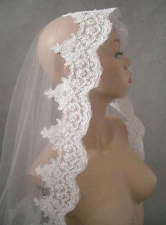 WEDDING BRIDAL FAUX PEARL LACE TULLE WHITE CATHERDAL DROP VEIL 1 or 2