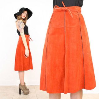 Vtg 70s S M Boho Rust Orange SUEDE Leather Wrap Belted Pleated Midi