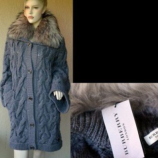 BURBERRY LONDON New Womens Sweater Coat sz L Cable Wool Cashmere Fur $
