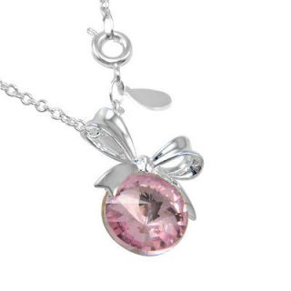 bowknot pink topaz roundness gemstone silver pendant necklace 17 7/8