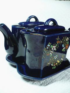 MADE IN JAPAN ENAMELED DUAL TEA POT SET WITH TRAY