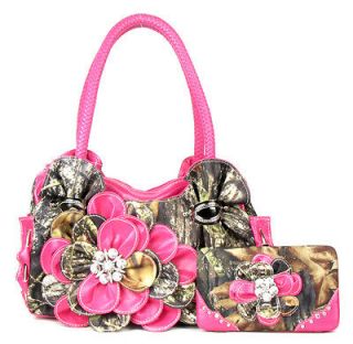 Western Pink Camouflage Camo Flower Metal Ring Purse Handbag w Wallet