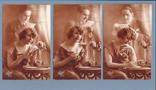 Set 3 old Postcards Sepia PHOTOMONTAGE Lady dream Man ANTIQUE Glass