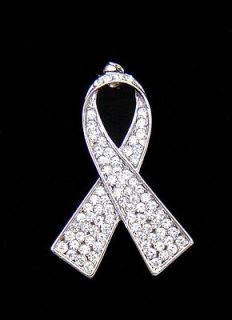 CRYSTAL CLEAR WHITE RIBBON BOW LUNG CANCER AWARENESS BROOCH PIN