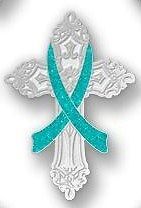 Cancer Awareness Teal Ribbon Religious Cross Church Lapel Pin New