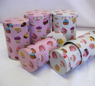 Set of 3 Small Cupcake Design Canisters/Tins Kitchen Food Storage