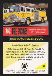 1991 MACK / GRUMMAN 100 PUMPER FIRE TRUCK ENGINE CARD Chesterfield