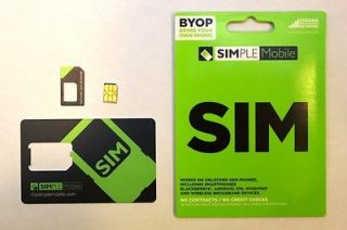 NEW Simple Mobile NANO Sim Card (CUT) Activation Kit GSM TMOBILE