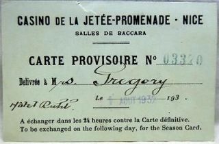CASINO DE LE JETEE PROMENADE   NICE FRANCE IDENTIFICATION CARD 1932
