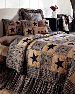 pc Vintage Navy & Tan Star Queen Quilt Primitive Country Bedding