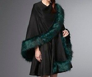 Ladies Womens fall spring faux fur trim ruana cape shawl wrap plus1X