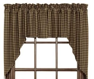 Country Black Tan Check Cotton Lined Curtain Swags 72x36