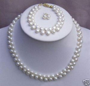 rows real pearl necklace, bracelet and earring set