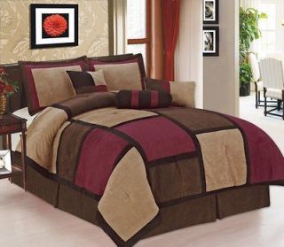 Piece Burgandy & Brown Suede Patchwork Full Size Comforter Set