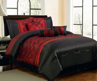 PC Black Burgundy Satin Comforter Set King Size Bed in a Bag New