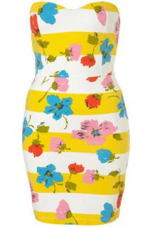 Topshop yellow stripes flower bodycon bandeau dress UK 14 16 eu 42 44
