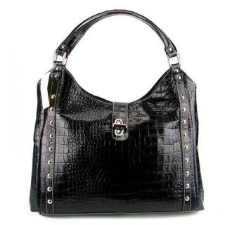 FIRENZE Italian Made Natural Black Croc Stamped Leather Shoulder Bag