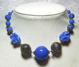 VINTAGE FRENCH BLUE GLASS & METAL FILIGREE NECKLACE   MADE IN FRANCE