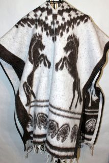 Reversible Horses Design Mexican Poncho Blanket Cape Ruana Gaban One