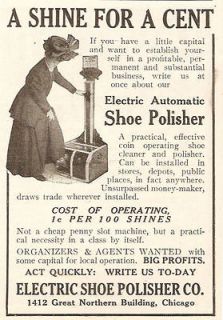 1909 COIN OPERATED ELECTRIC AUTOMATIC PENNY SHOE POLISHER AD COIN OP