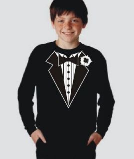 YOUTH TUX TUXEDO TEE T SHIRT LONG OR SHORT SLEEVE BLACK OR WHITE ALL